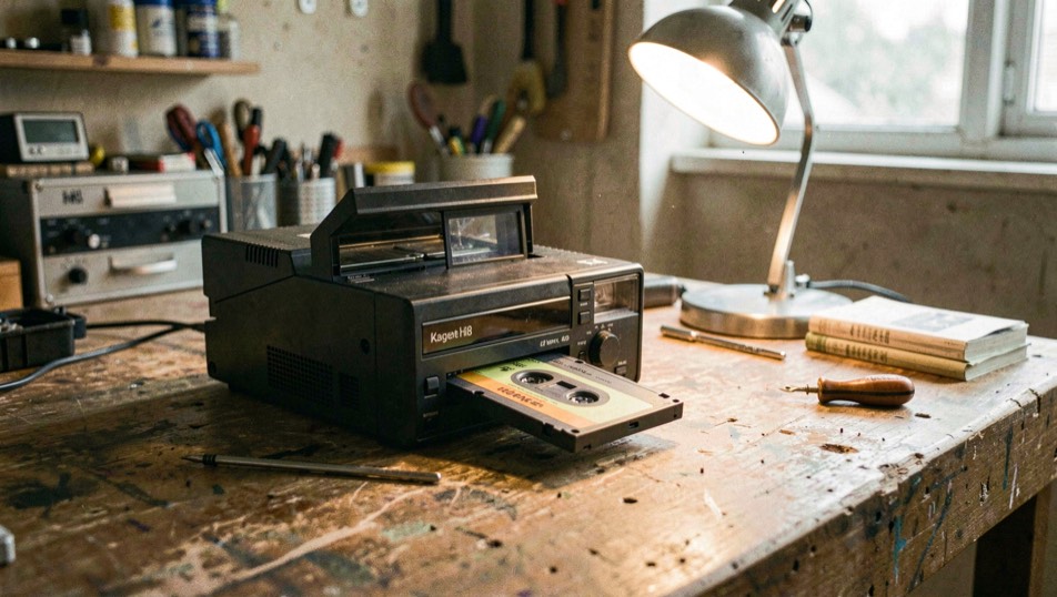 Magnétoscope Hi8 ouvert posé sur une table d’atelier, une cassette sortante éclairée par une lampe d’appoint