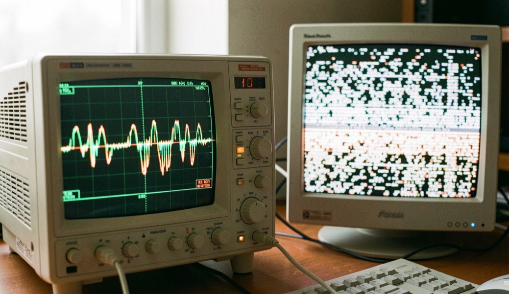 Oscilloscope affichant une forme d’onde instable, à côté d’un moniteur montrant une image saturée et rayée