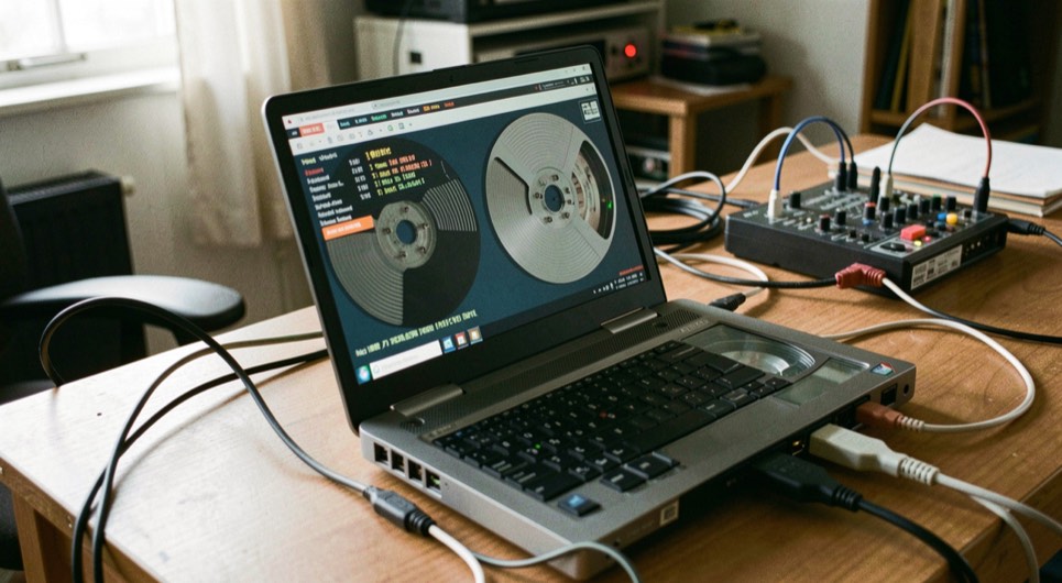 Ordinateur portable affichant une interface de capture de bande, relié par des câbles à un boîtier d’acquisition
