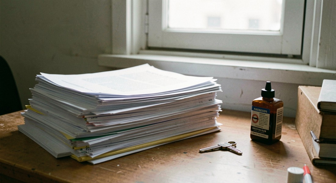 Haute pile de documents imprimés posée près d’une fenêtre, trousseau de clés et flacon posés à côté