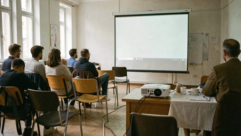 Salle associative préparée pour une projection, chaises alignées, écran déployé, projecteur sur table