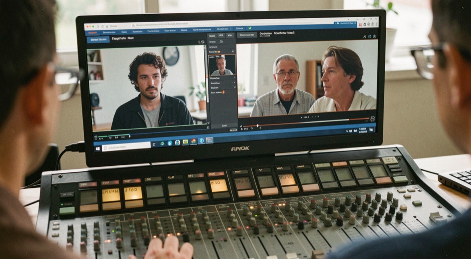 Mains d’opérateur sur une console de mixage vidéo, deux sources affichées côte à côte sur un moniteur