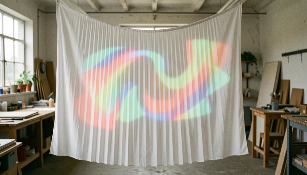 Toile blanche plissée suspendue au milieu d’un atelier, une projection colorée se déformant sur ses plis